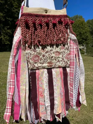 Pink and Maroon Flower Fringe Purse, Festival Fringe Bag, Hippie Handbag, Boho Chic Crossbody Messenger, Embellished purse