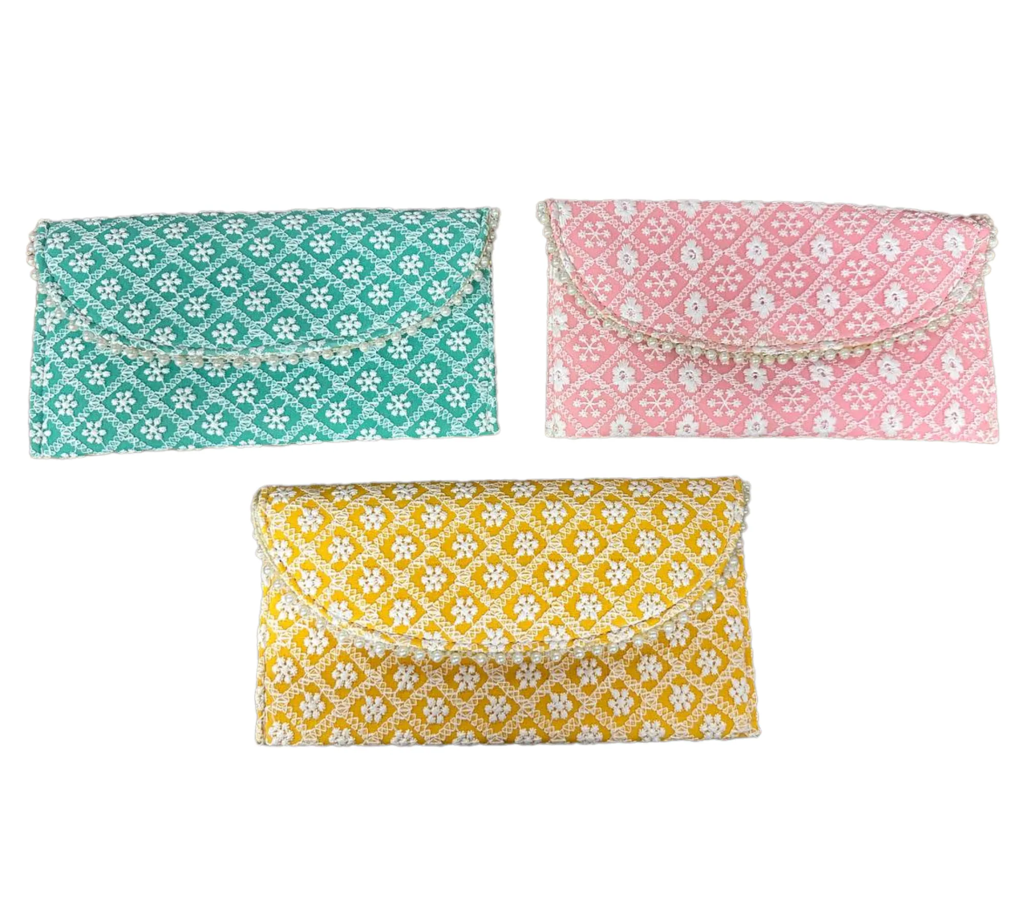 Pink Green And Yellow Lucknowi Chikankari Embroidery Hand Bag Purse Clutch