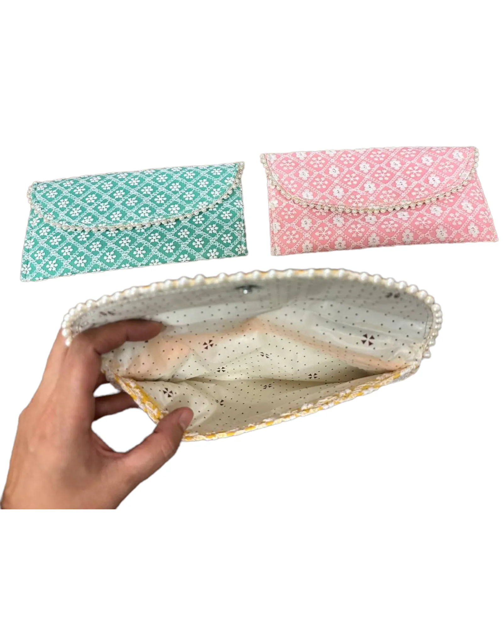 Pink Green And Yellow Lucknowi Chikankari Embroidery Hand Bag Purse Clutch