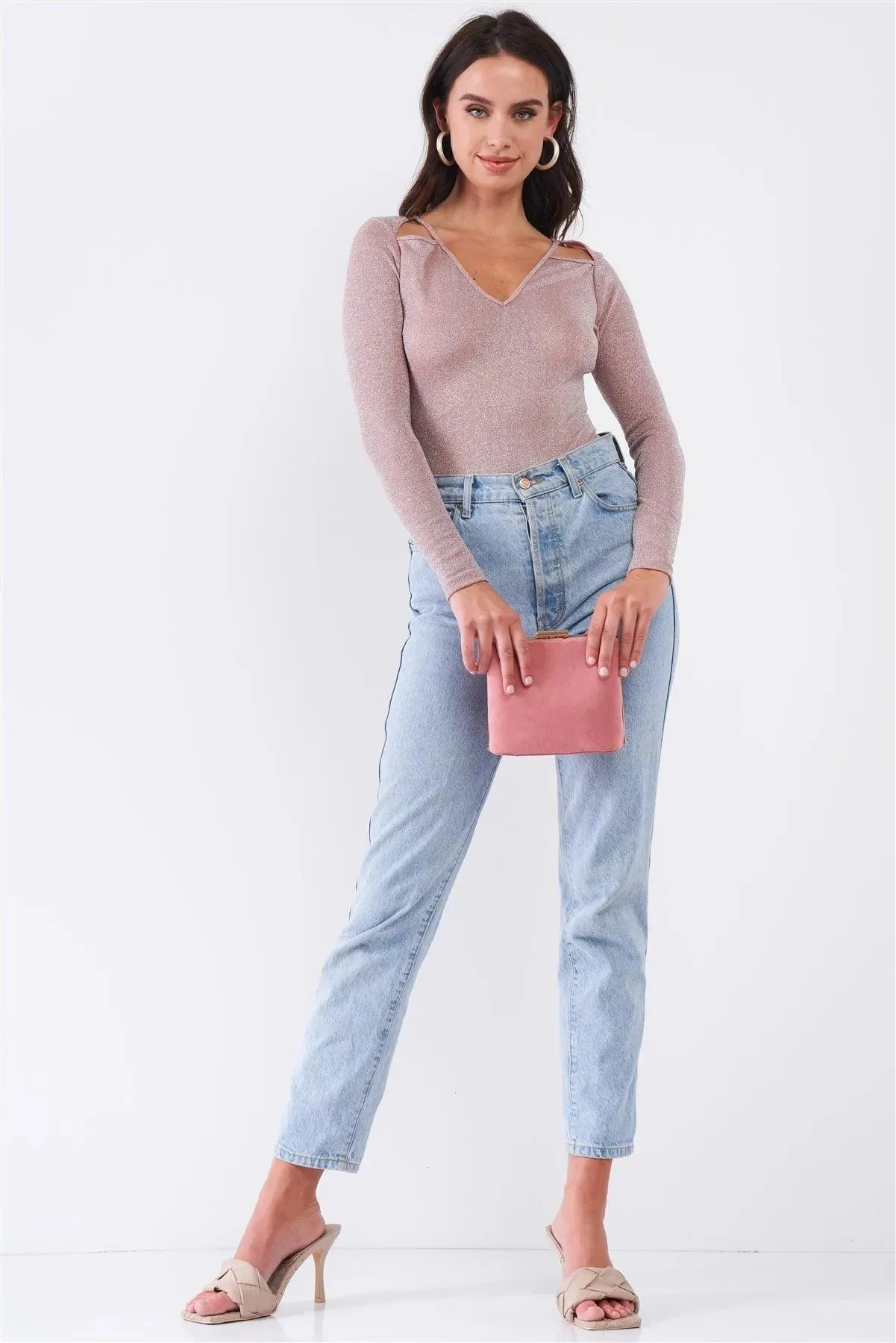 Pink Panther Blush Glittery V-Neck Long Sleeve Cut-Out Shoulder Detail Bodysuit /3-2-1