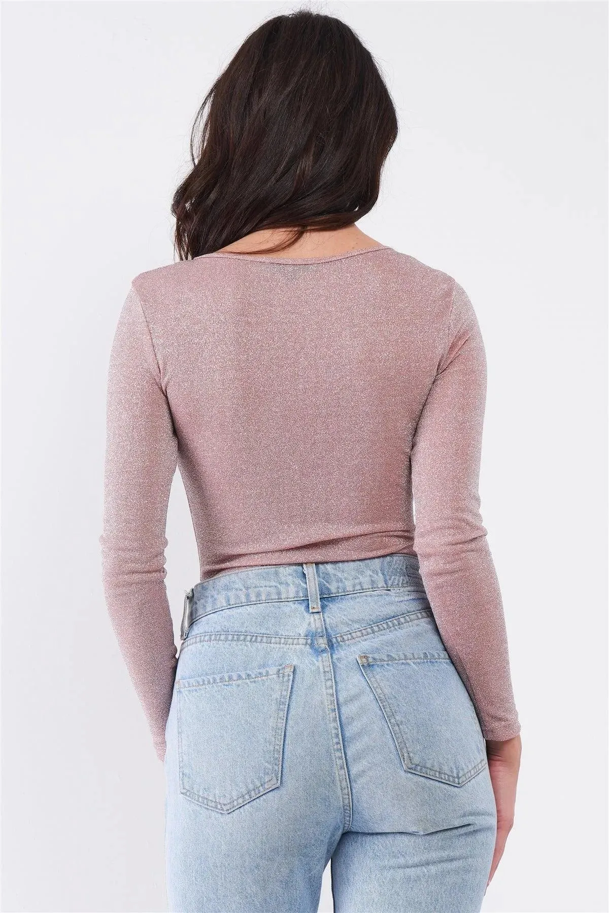Pink Panther Blush Glittery V-Neck Long Sleeve Cut-Out Shoulder Detail Bodysuit /3-2-1
