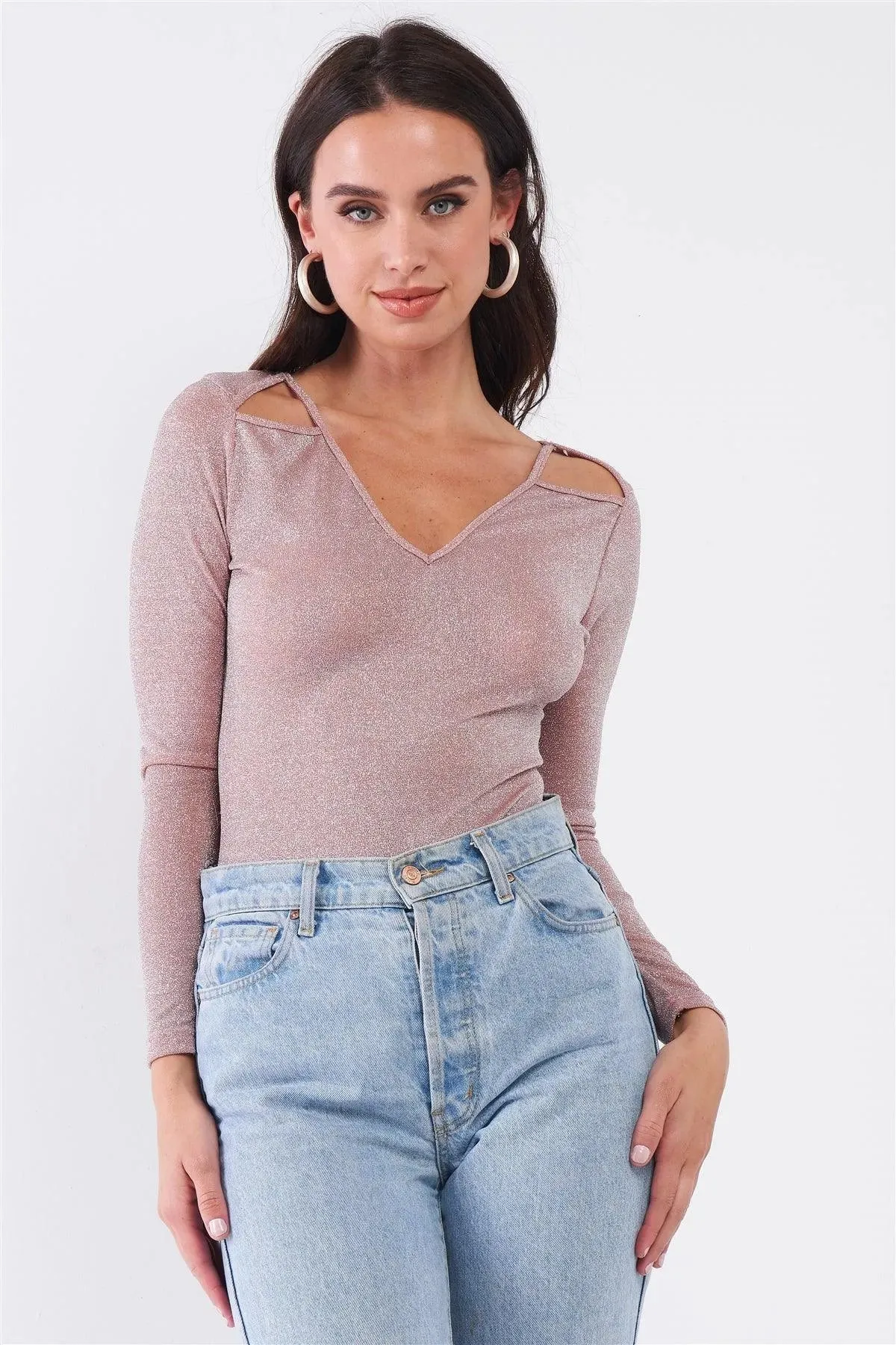 Pink Panther Blush Glittery V-Neck Long Sleeve Cut-Out Shoulder Detail Bodysuit /3-2-1