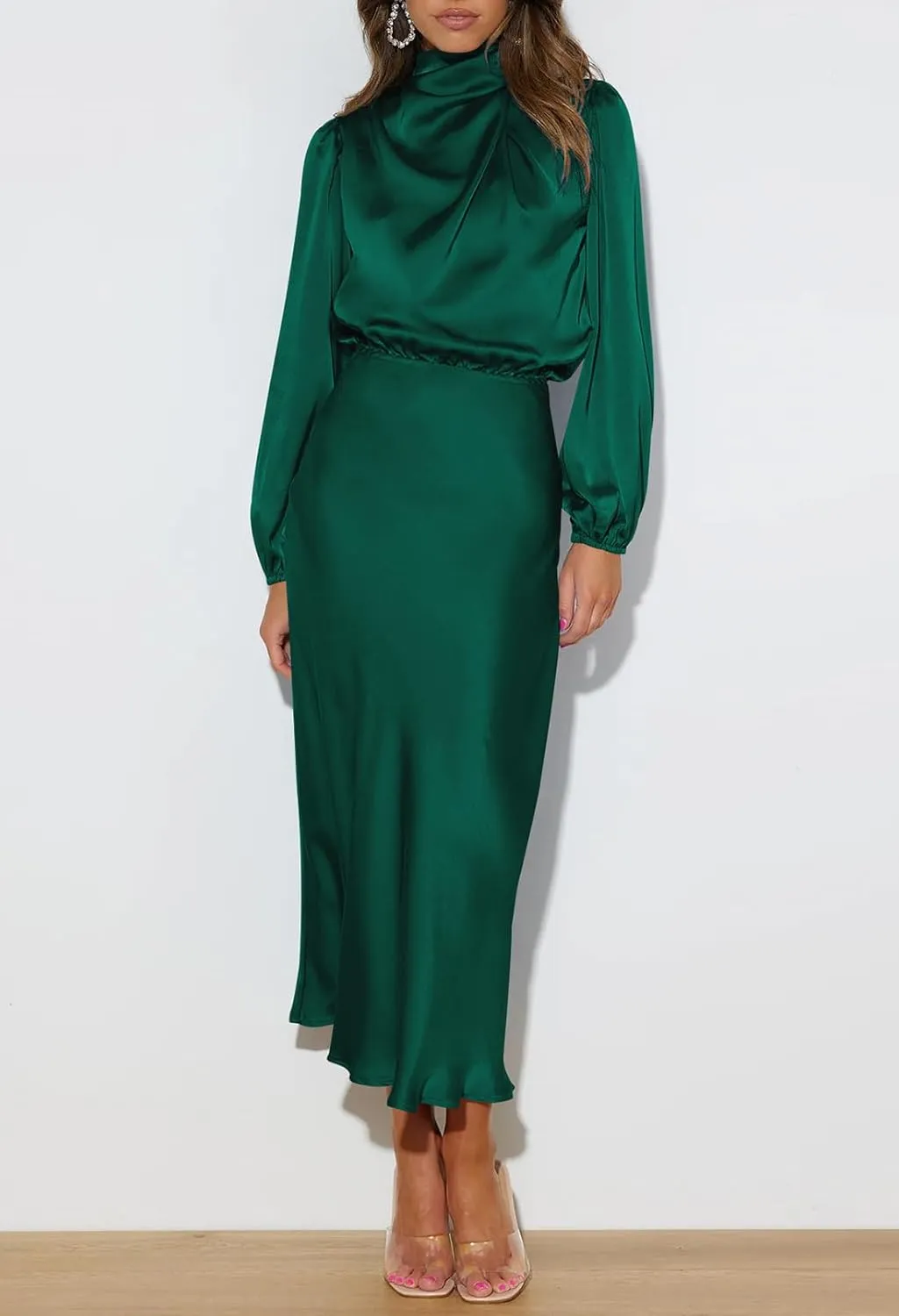 Pink Queen Women's Elegant Long Sleeve Satin Dress Mock Neck Elastic Waist Cocktail Party Wedding Guest Midi Dresses
