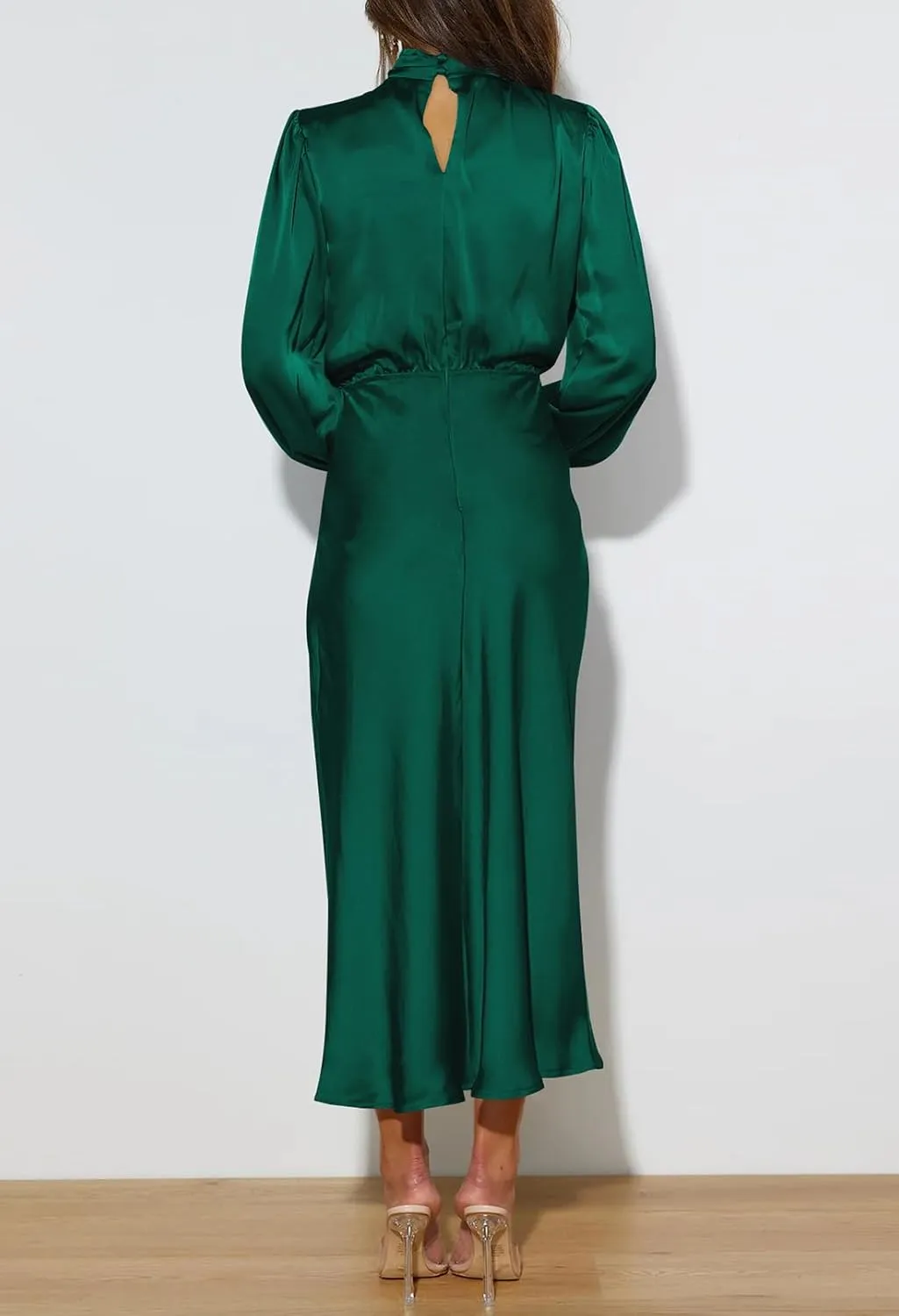 Pink Queen Women's Elegant Long Sleeve Satin Dress Mock Neck Elastic Waist Cocktail Party Wedding Guest Midi Dresses