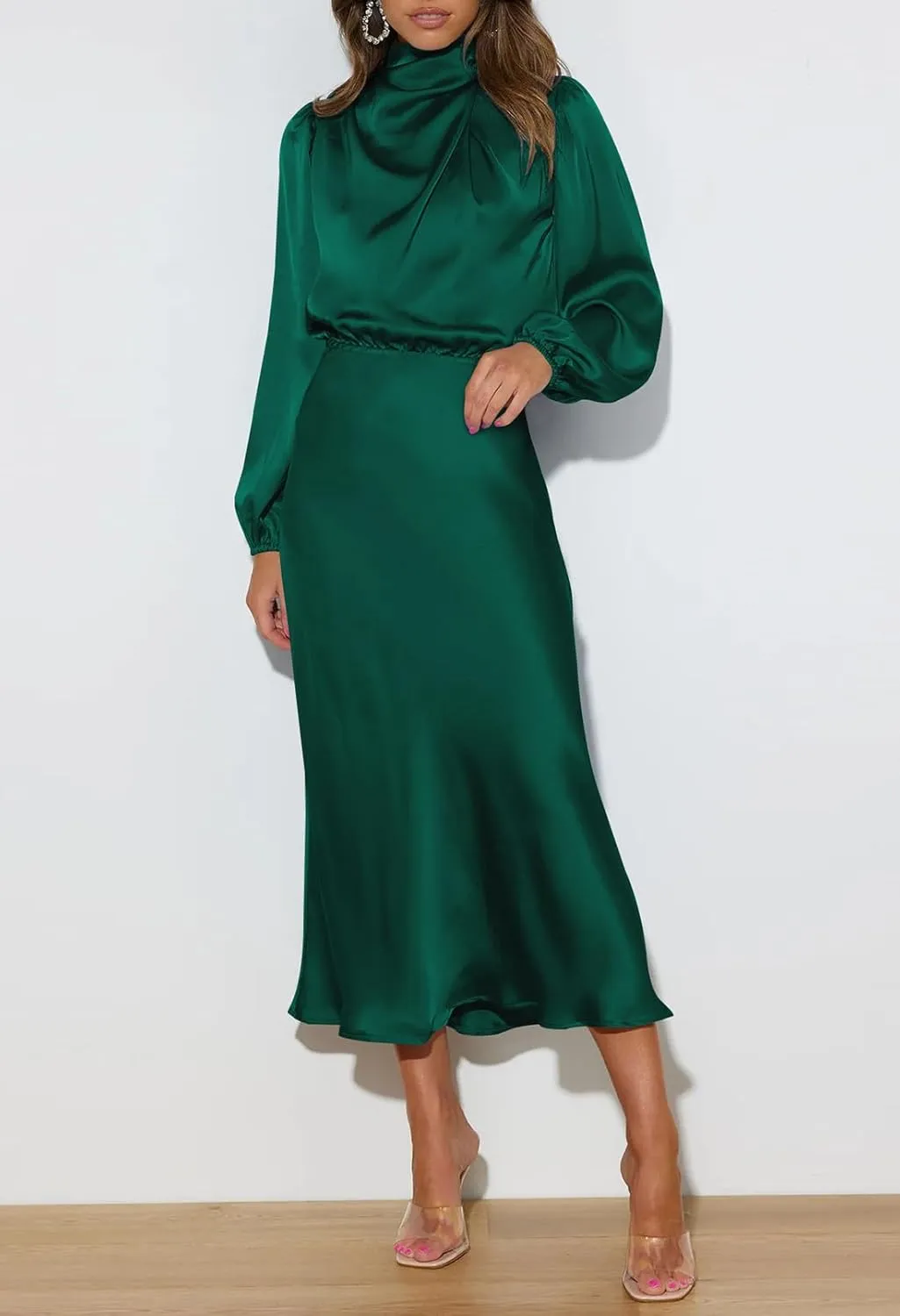 Pink Queen Women's Elegant Long Sleeve Satin Dress Mock Neck Elastic Waist Cocktail Party Wedding Guest Midi Dresses