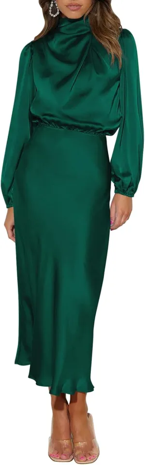 Pink Queen Women's Elegant Long Sleeve Satin Dress Mock Neck Elastic Waist Cocktail Party Wedding Guest Midi Dresses