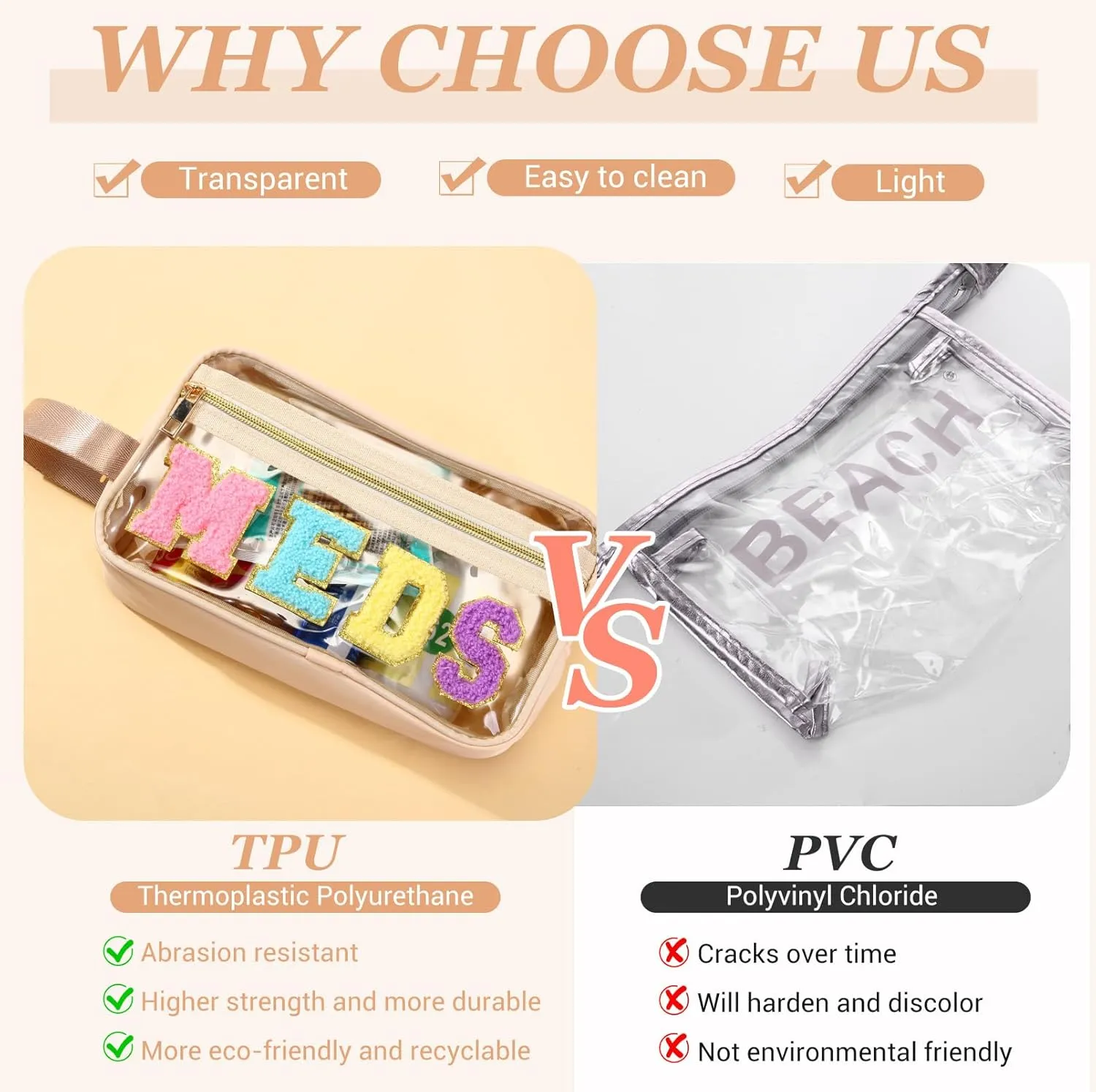Pinkunn Chenille Letter Bag Clear Makeup Pouch Cute Preppy Letter Patch Cosmetic Bag with Zipper Nylon Waterproof Portable Travel Purse Toiletry Organizer for Appreciation Gift (Beige,Meds)