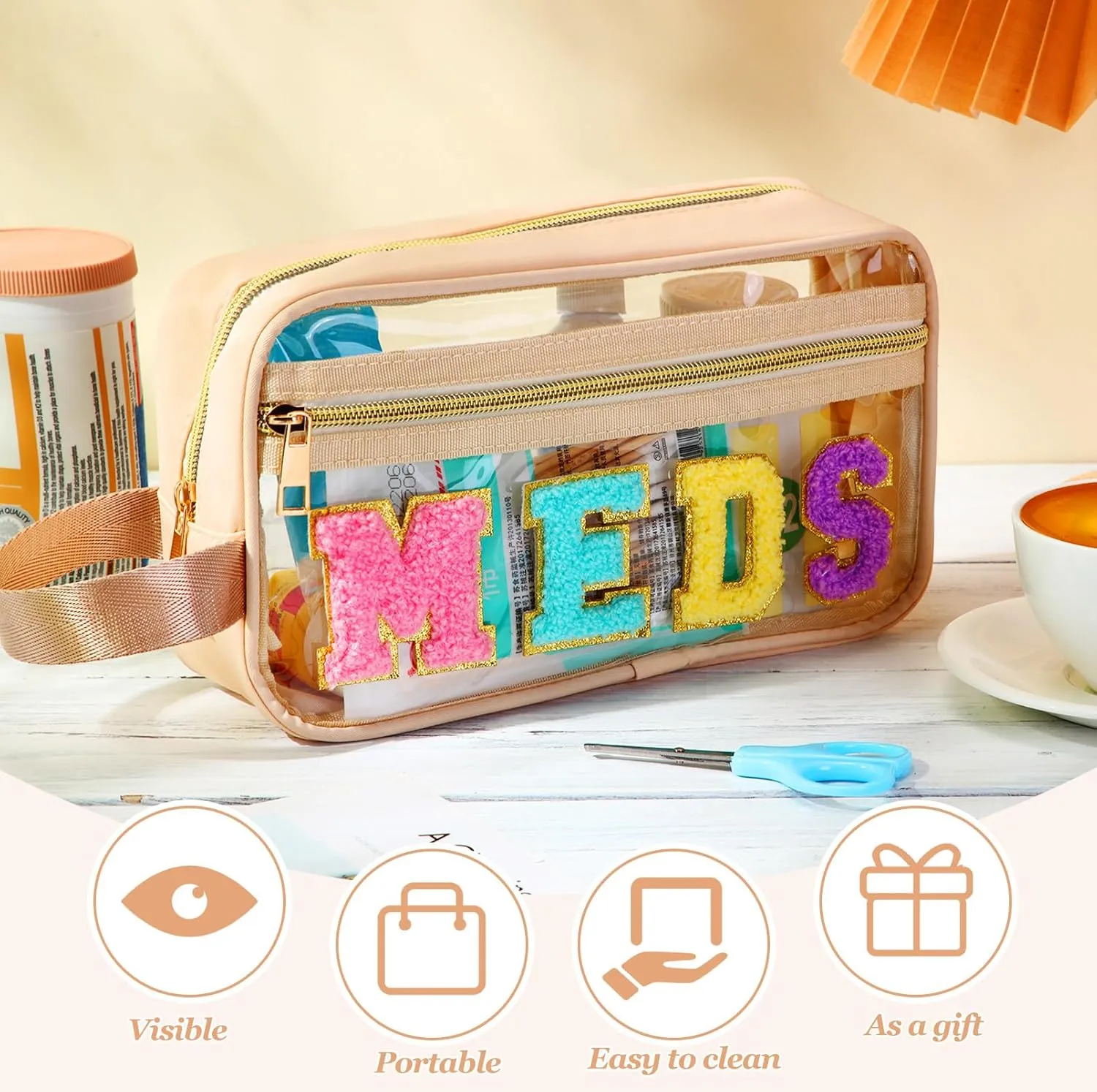 Pinkunn Chenille Letter Bag Clear Makeup Pouch Cute Preppy Letter Patch Cosmetic Bag with Zipper Nylon Waterproof Portable Travel Purse Toiletry Organizer for Appreciation Gift (Beige,Meds)