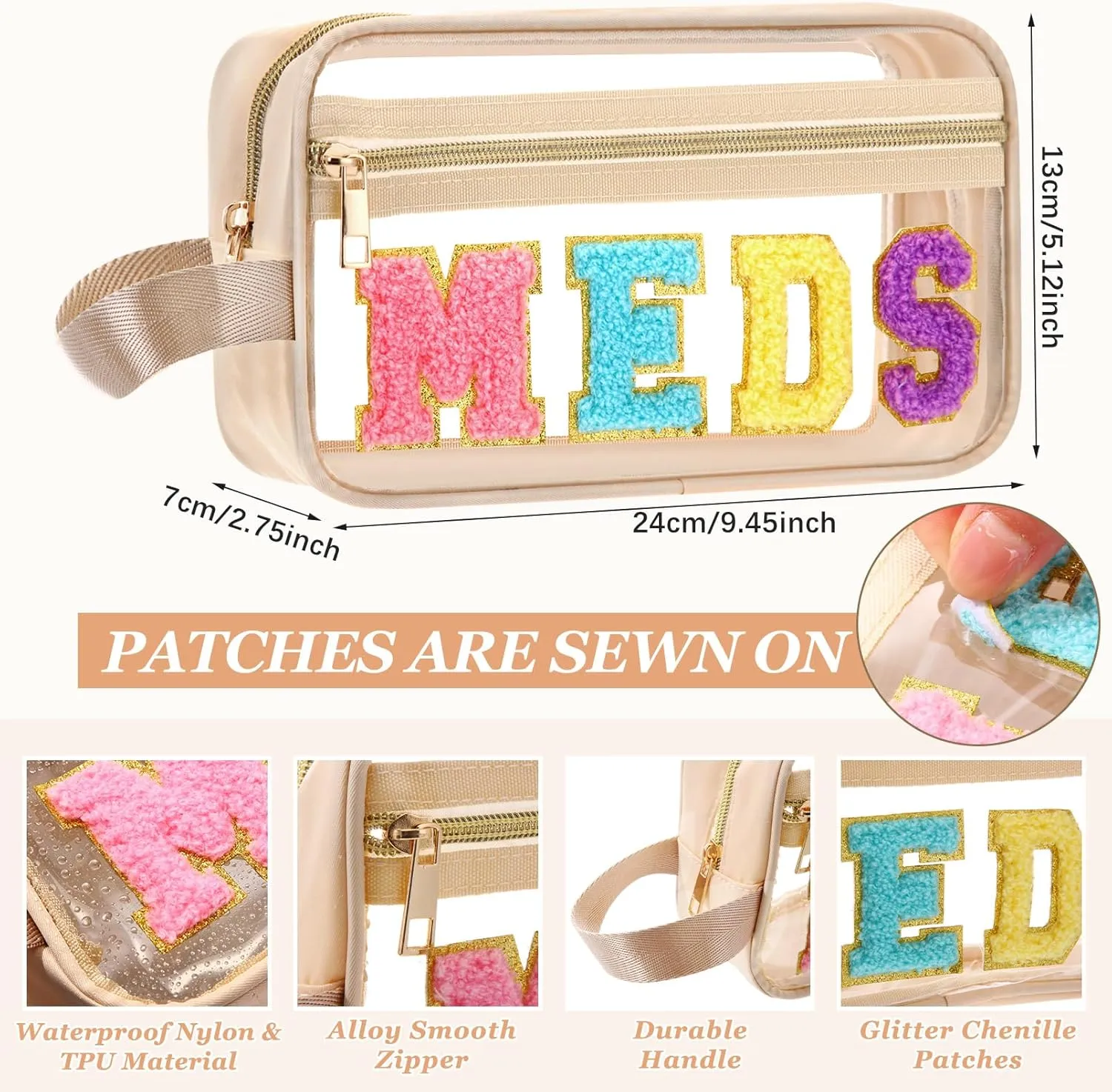 Pinkunn Chenille Letter Bag Clear Makeup Pouch Cute Preppy Letter Patch Cosmetic Bag with Zipper Nylon Waterproof Portable Travel Purse Toiletry Organizer for Appreciation Gift (Beige,Meds)
