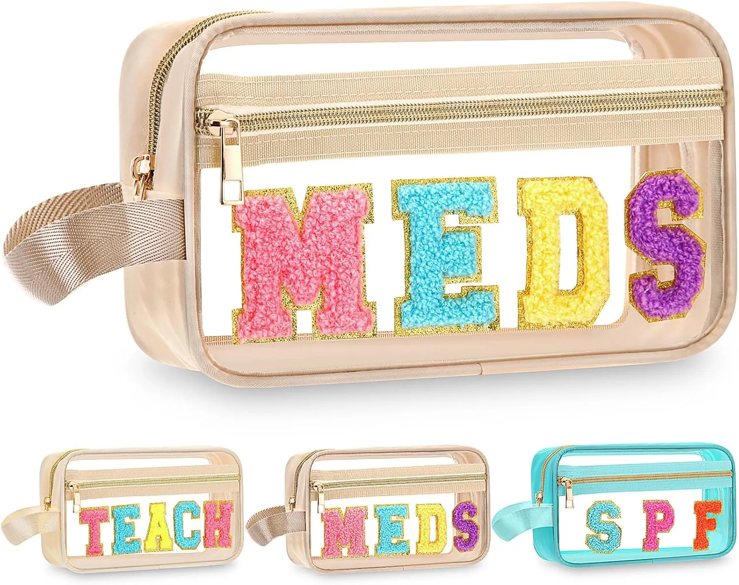 Pinkunn Chenille Letter Bag Clear Makeup Pouch Cute Preppy Letter Patch Cosmetic Bag with Zipper Nylon Waterproof Portable Travel Purse Toiletry Organizer for Appreciation Gift (Beige,Meds)