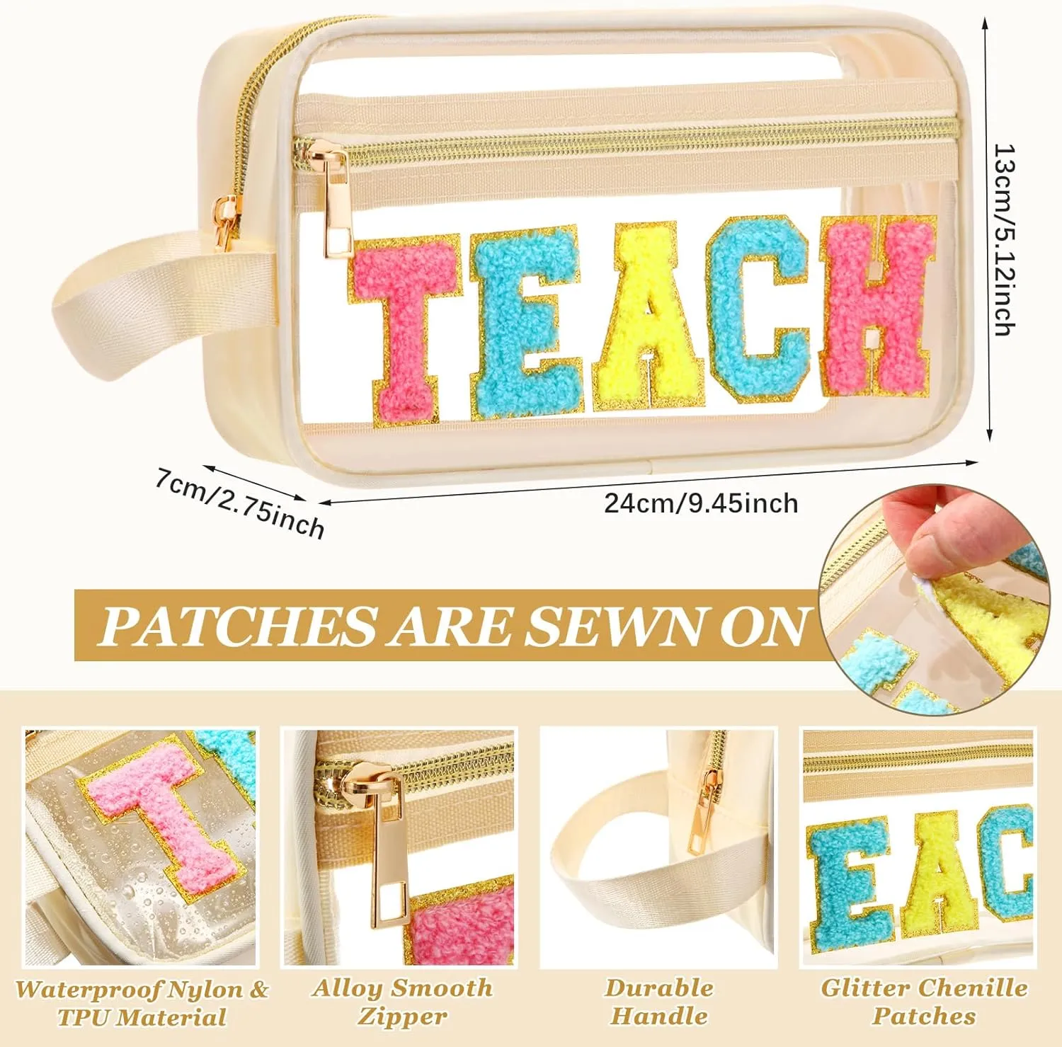 Pinkunn Chenille Letter Bag Clear Makeup Pouch Cute Preppy Letter Patch Cosmetic Bag with Zipper Nylon Waterproof Portable Travel Purse Toiletry Organizer for Appreciation Gift(Cream White,Teach)