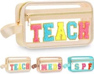 Pinkunn Chenille Letter Bag Clear Makeup Pouch Cute Preppy Letter Patch Cosmetic Bag with Zipper Nylon Waterproof Portable Travel Purse Toiletry Organizer for Appreciation Gift(Cream White,Teach)