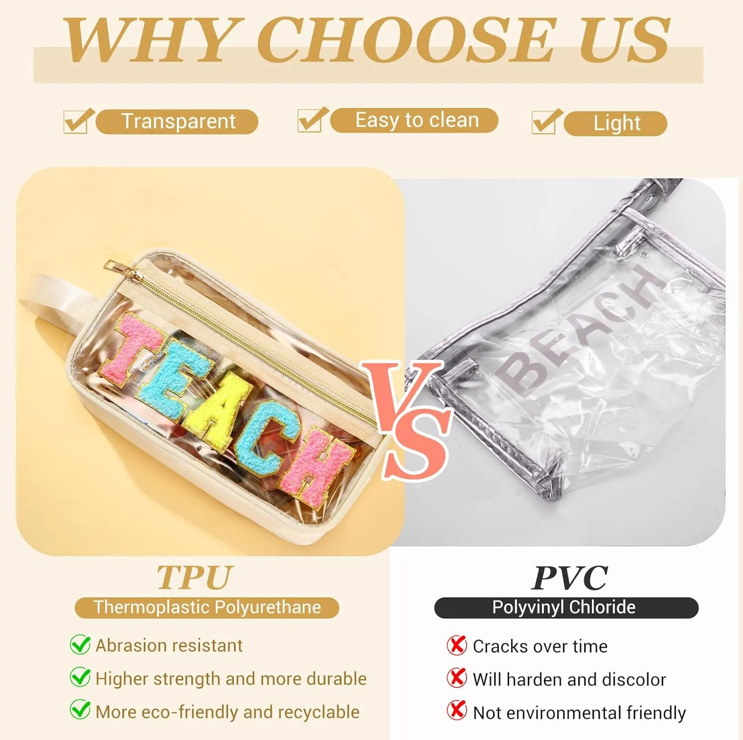 Pinkunn Chenille Letter Bag Clear Makeup Pouch Cute Preppy Letter Patch Cosmetic Bag with Zipper Nylon Waterproof Portable Travel Purse Toiletry Organizer for Appreciation Gift(Cream White,Teach)