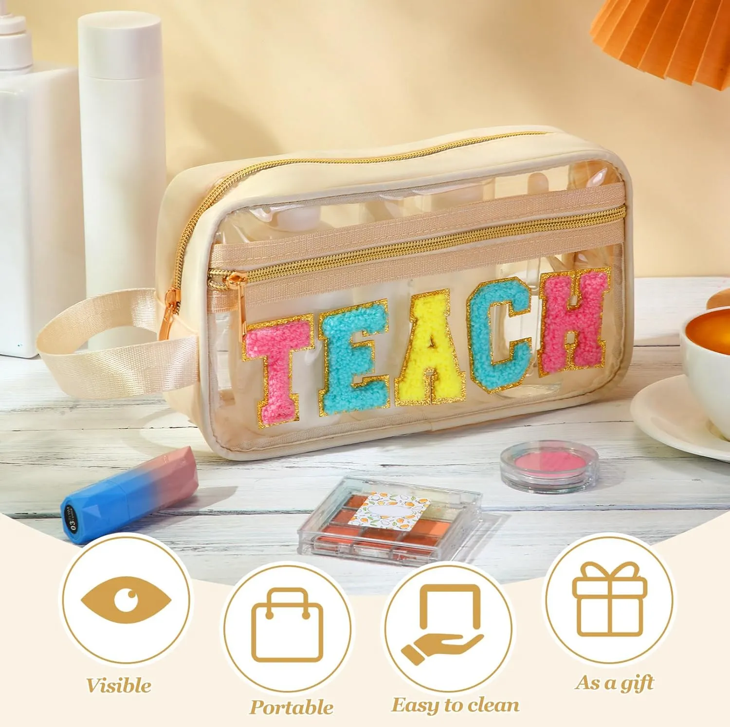 Pinkunn Chenille Letter Bag Clear Makeup Pouch Cute Preppy Letter Patch Cosmetic Bag with Zipper Nylon Waterproof Portable Travel Purse Toiletry Organizer for Appreciation Gift(Cream White,Teach)