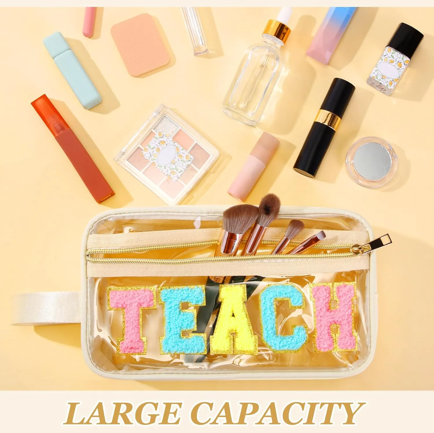 Pinkunn Chenille Letter Bag Clear Makeup Pouch Cute Preppy Letter Patch Cosmetic Bag with Zipper Nylon Waterproof Portable Travel Purse Toiletry Organizer for Appreciation Gift(Cream White,Teach)