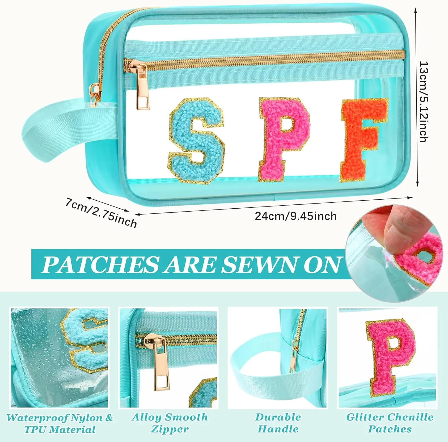 Pinkunn Chenille Letter Bag Clear Makeup Pouch Cute Preppy Letter Patch Cosmetic Bag with Zipper Nylon Waterproof Portable Travel Purse Toiletry Organizer for Appreciation Gift(Teal,Spf)