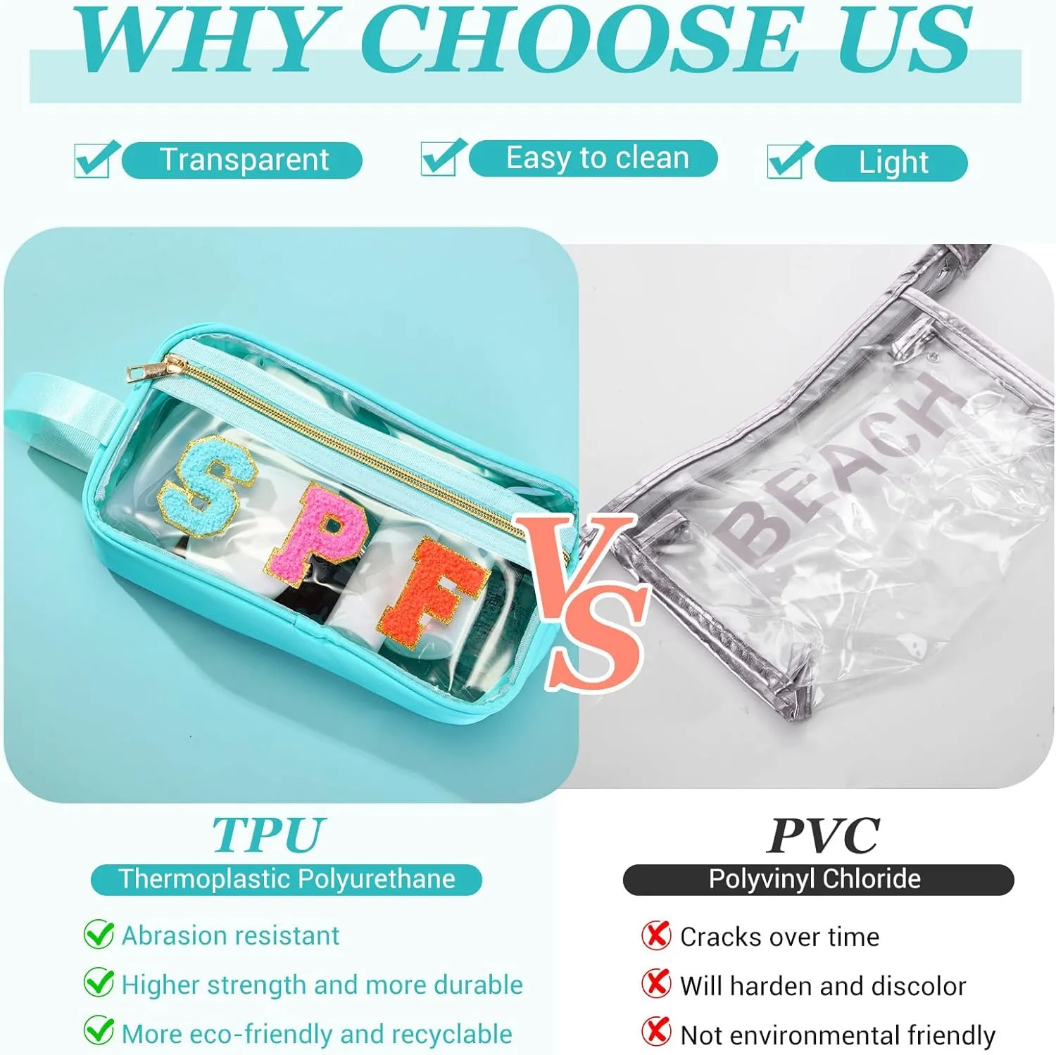Pinkunn Chenille Letter Bag Clear Makeup Pouch Cute Preppy Letter Patch Cosmetic Bag with Zipper Nylon Waterproof Portable Travel Purse Toiletry Organizer for Appreciation Gift(Teal,Spf)