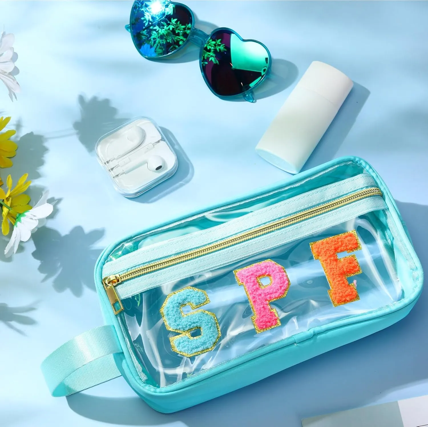 Pinkunn Chenille Letter Bag Clear Makeup Pouch Cute Preppy Letter Patch Cosmetic Bag with Zipper Nylon Waterproof Portable Travel Purse Toiletry Organizer for Appreciation Gift(Teal,Spf)