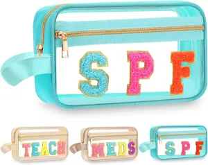 Pinkunn Chenille Letter Bag Clear Makeup Pouch Cute Preppy Letter Patch Cosmetic Bag with Zipper Nylon Waterproof Portable Travel Purse Toiletry Organizer for Appreciation Gift(Teal,Spf)
