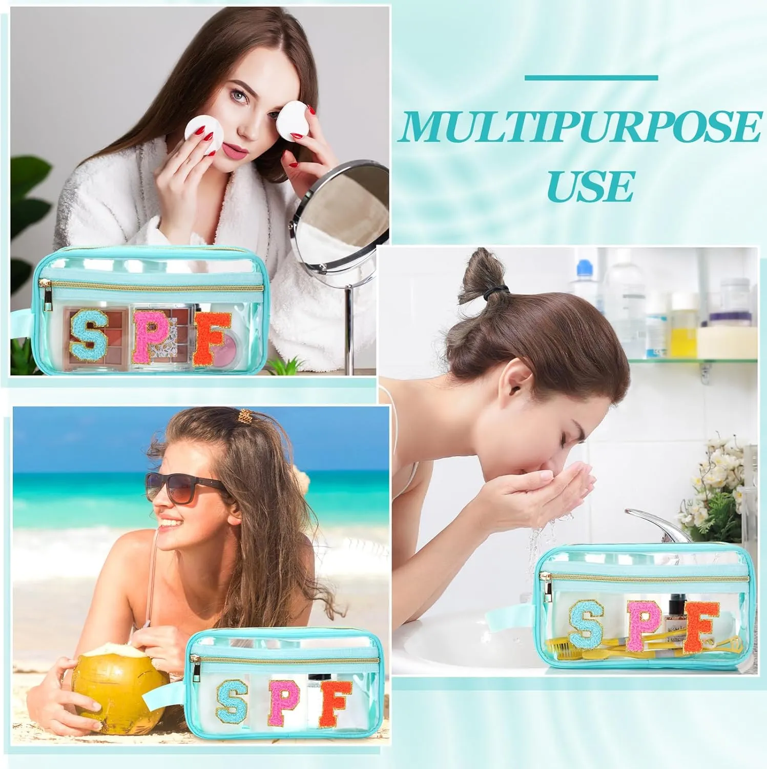 Pinkunn Chenille Letter Bag Clear Makeup Pouch Cute Preppy Letter Patch Cosmetic Bag with Zipper Nylon Waterproof Portable Travel Purse Toiletry Organizer for Appreciation Gift(Teal,Spf)