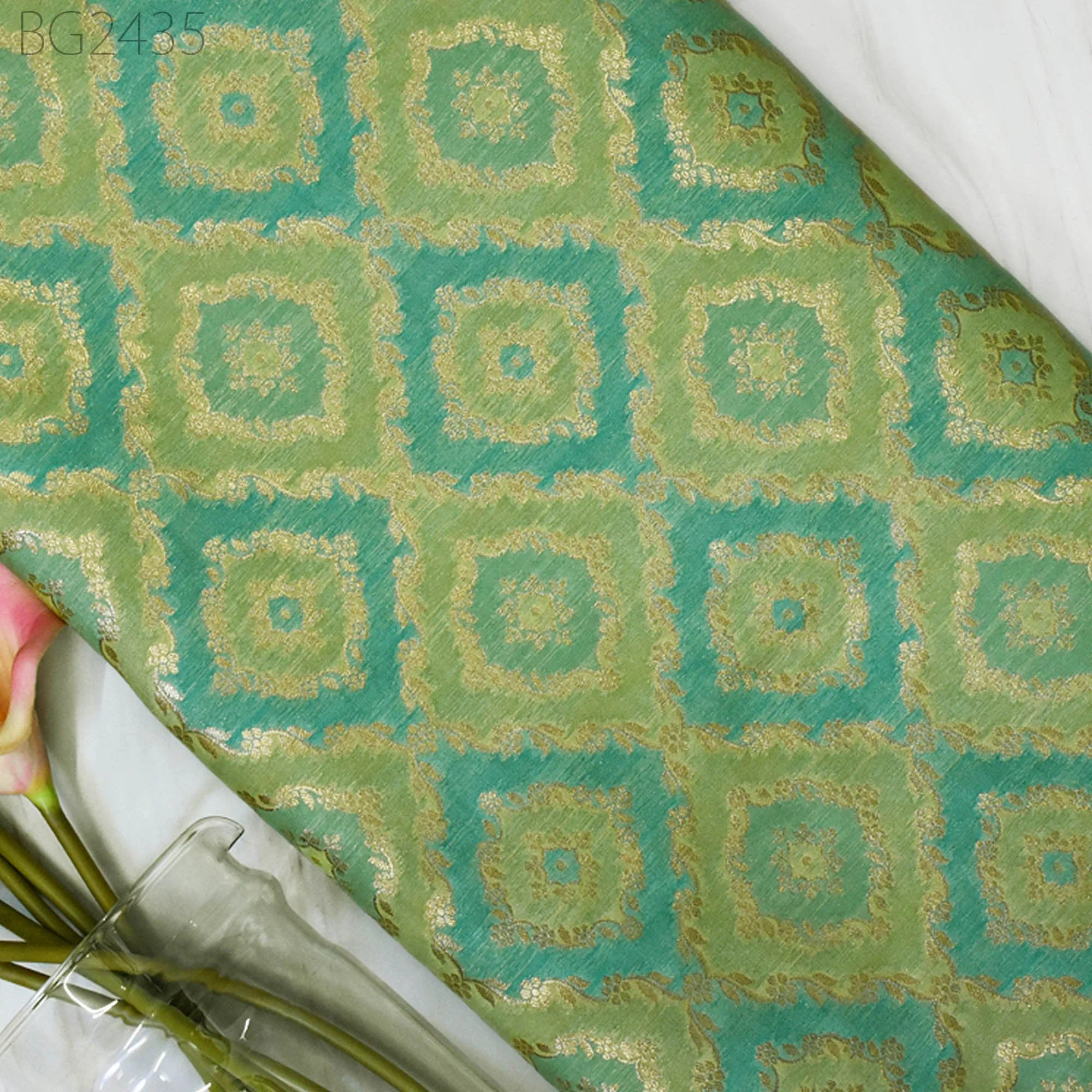 Pistachio Brocade Fabric by the Yard Wedding Dress Jackets Indian Blended Banarasi Dress Material Sewing Cushion Cover Home Décor Crafting