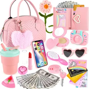 Play Purse for Little Girls Toddler, Little Girls Purse with Pretend Makeup, Girl Toys Princess Toy Pretend Play with Handbag, Kids Toy Purse Birthday for 3 4 5 6 7 8  