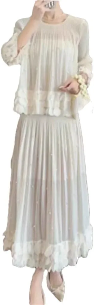 Pleated Two Piece Sets Solid Color EmbroideRed Flares Women Loose Top Elastic Waist Skirt