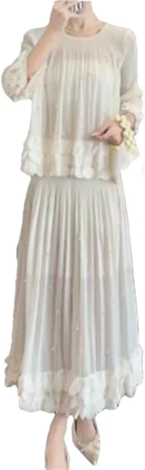 Pleated Two Piece Sets Solid Color EmbroideRed Flares Women Loose Top Elastic Waist Skirt