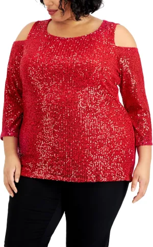Plus Size Sequin Cold Shoulder Top