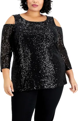 Plus Size Sequin Cold Shoulder Top