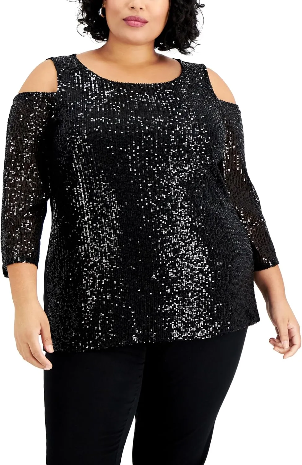 Plus Size Sequin Cold Shoulder Top