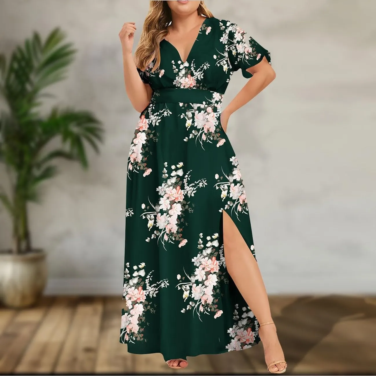 Plus Size Wedding Guest Maxi Dresses for Curvy Women Summer Casual Boho Floral Side Split Party Long Sundress