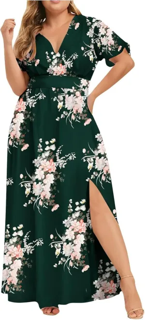 Plus Size Wedding Guest Maxi Dresses for Curvy Women Summer Casual Boho Floral Side Split Party Long Sundress