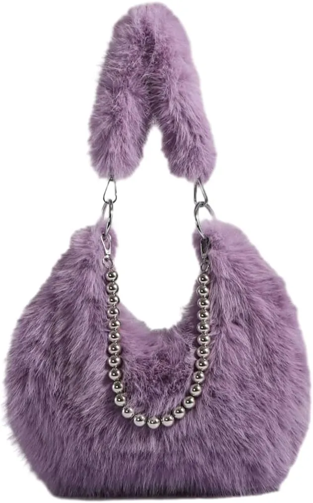Plush Underarm Bag Ladies Fluffy Shoulder Bag, Furry Purses and Handbags, Women Clutch Tote Crossbody with Chain Strap