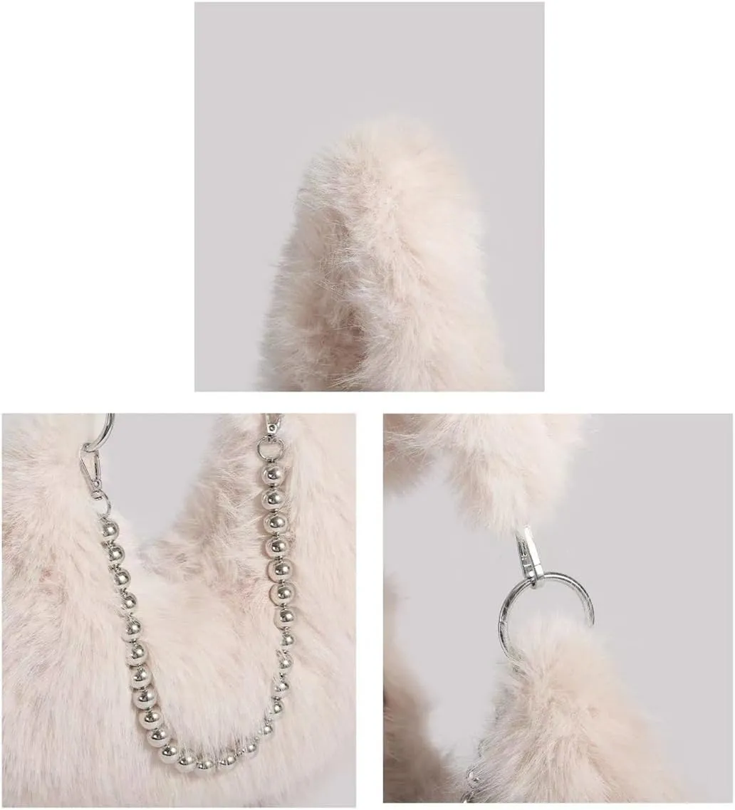 Plush Underarm Bag Ladies Fluffy Shoulder Bag, Furry Purses and Handbags, Women Clutch Tote Crossbody with Chain Strap