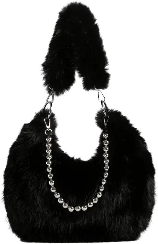 Plush Underarm Bag Ladies Fluffy Shoulder Bag, Furry Purses and Handbags, Women Clutch Tote Crossbody with Chain Strap