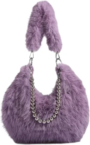 Plush Underarm Bag Ladies Fluffy Shoulder Bag, Furry Purses and Handbags, Women Clutch Tote Crossbody with Chain Strap