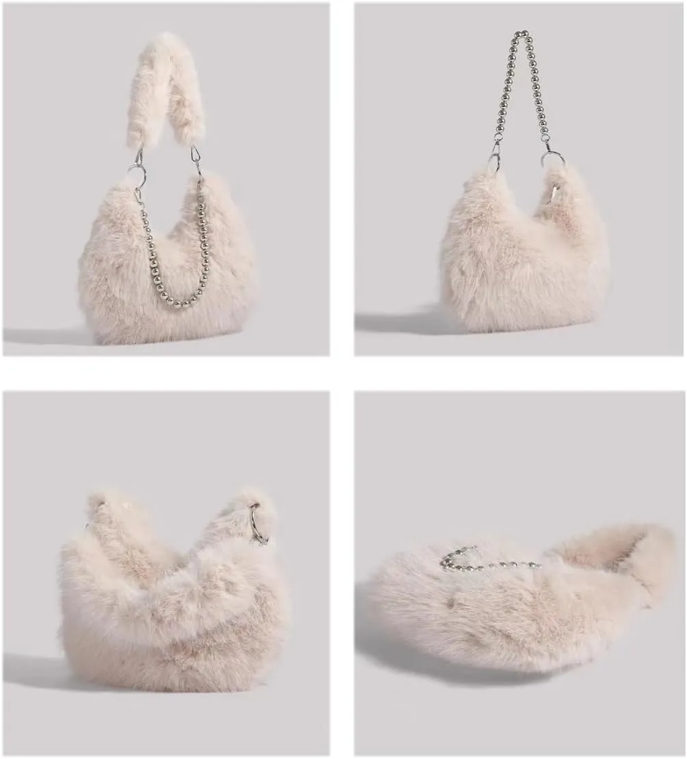 Plush Underarm Bag Ladies Fluffy Shoulder Bag, Furry Purses and Handbags, Women Clutch Tote Crossbody with Chain Strap