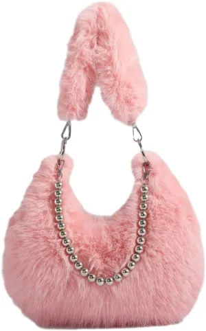 Plush Underarm Bag Ladies Fluffy Shoulder Bag, Furry Purses and Handbags, Women Clutch Tote Crossbody with Chain Strap