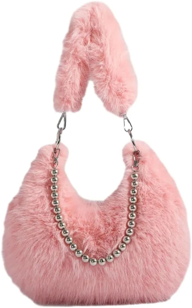 Plush Underarm Bag Ladies Fluffy Shoulder Bag, Furry Purses and Handbags, Women Clutch Tote Crossbody with Chain Strap
