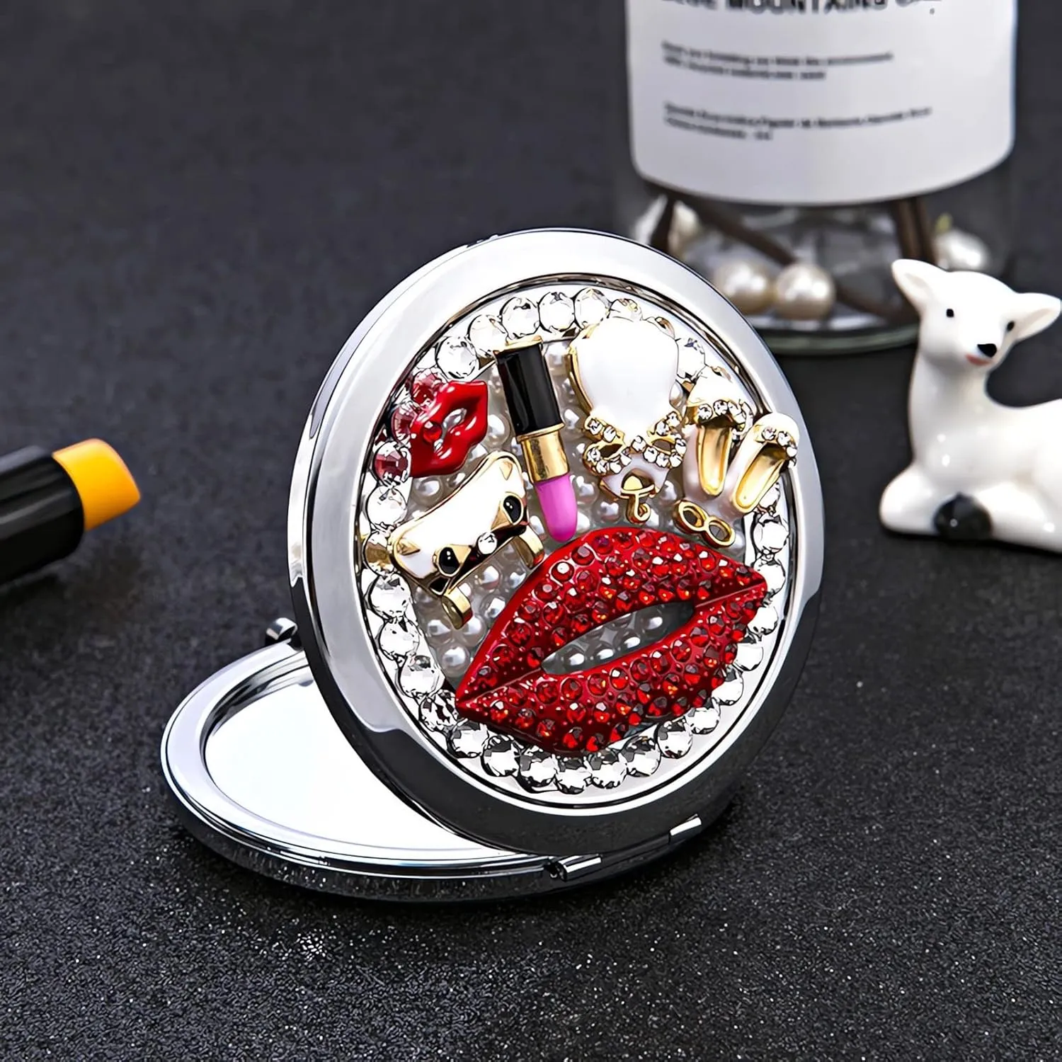 Pocket Mirror for Women 1x/2x Compact Mirror for Purses Hand Made Small Round Mirror Mini Mirror Girl's Travel Makeup Mirror (Red Lips)
