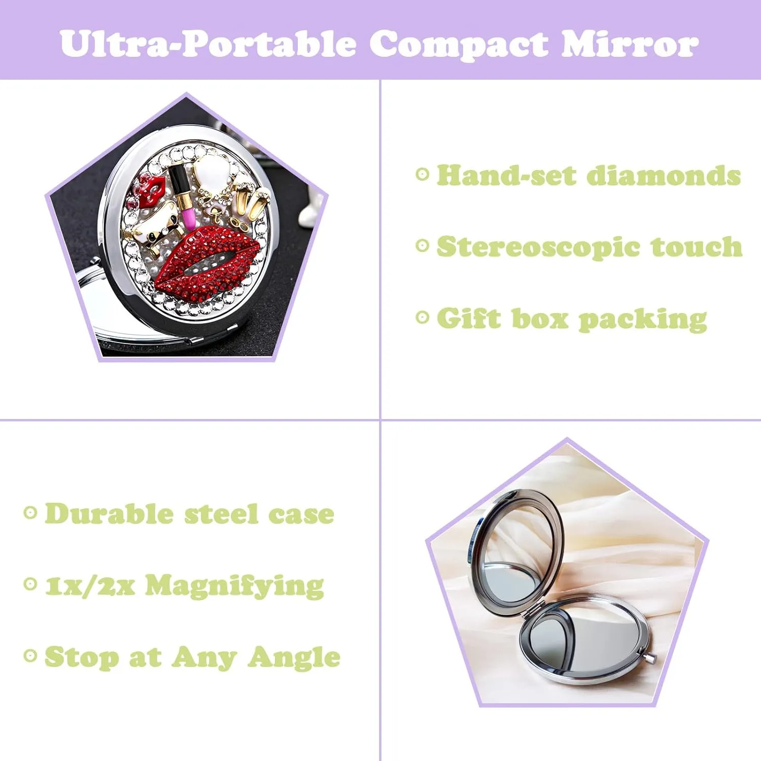 Pocket Mirror for Women 1x/2x Compact Mirror for Purses Hand Made Small Round Mirror Mini Mirror Girl's Travel Makeup Mirror (Red Lips)