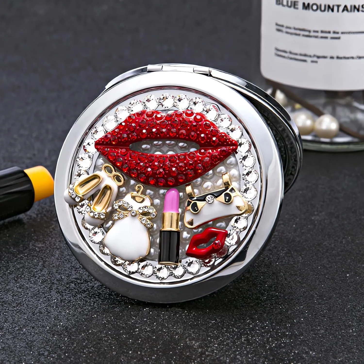 Pocket Mirror for Women 1x/2x Compact Mirror for Purses Hand Made Small Round Mirror Mini Mirror Girl's Travel Makeup Mirror (Red Lips)