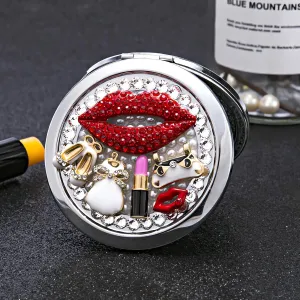 Pocket Mirror for Women 1x/2x Compact Mirror for Purses Hand Made Small Round Mirror Mini Mirror Girl's Travel Makeup Mirror (Red Lips)