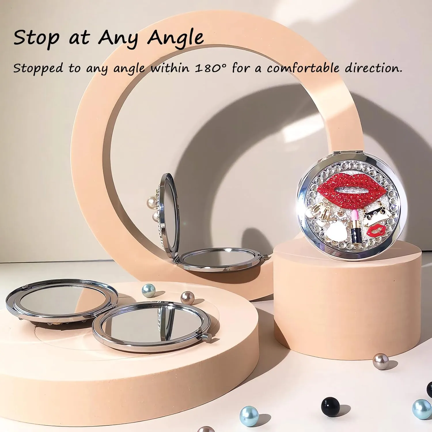 Pocket Mirror for Women 1x/2x Compact Mirror for Purses Hand Made Small Round Mirror Mini Mirror Girl's Travel Makeup Mirror (Red Lips)