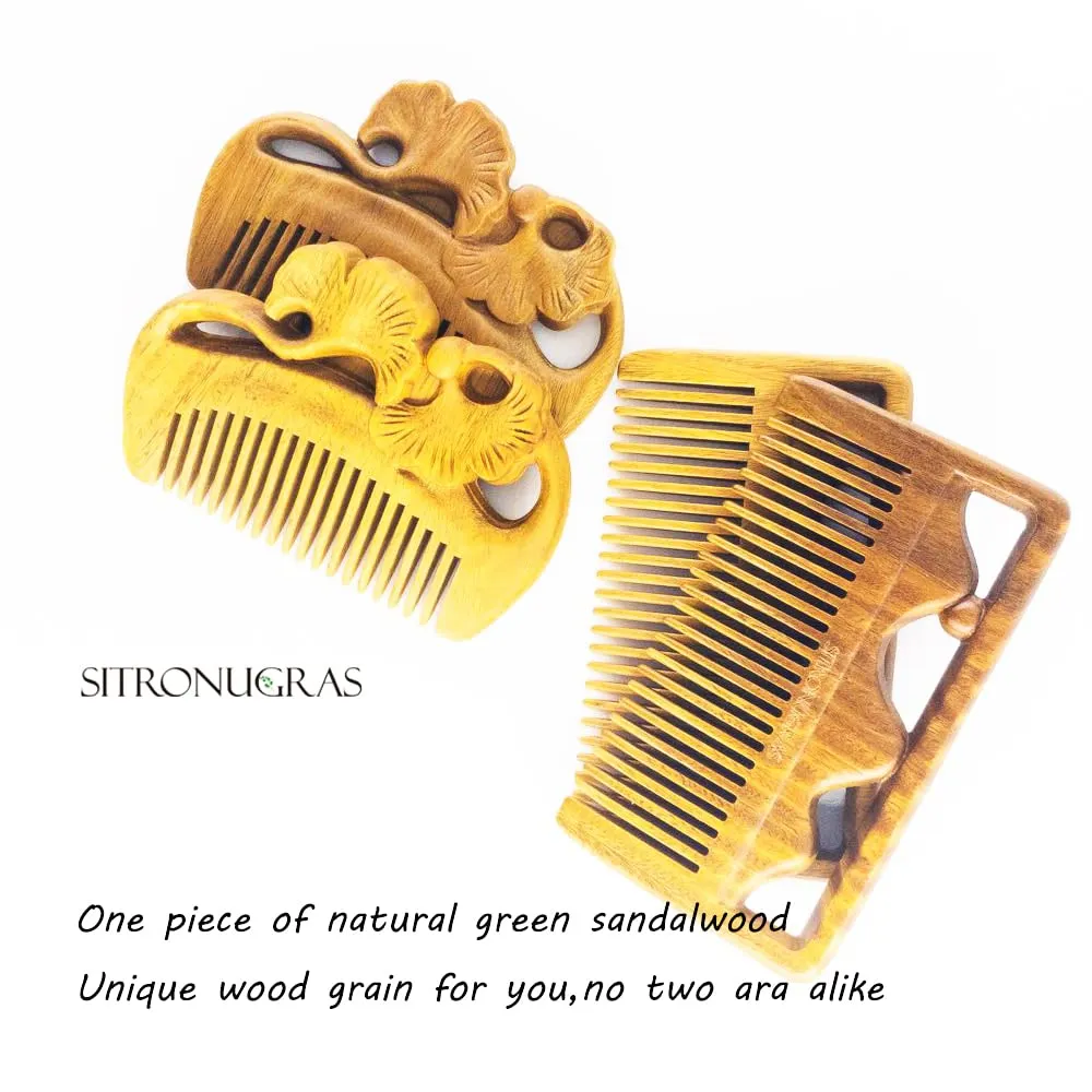 Pocket Size Natural Sandalwood Hair Comb,Carved Green Sandalwood Hair Comb，Anti-Static Detangling Fine Tooth Wooden Comb for Women Kids 2pcs with free pouch