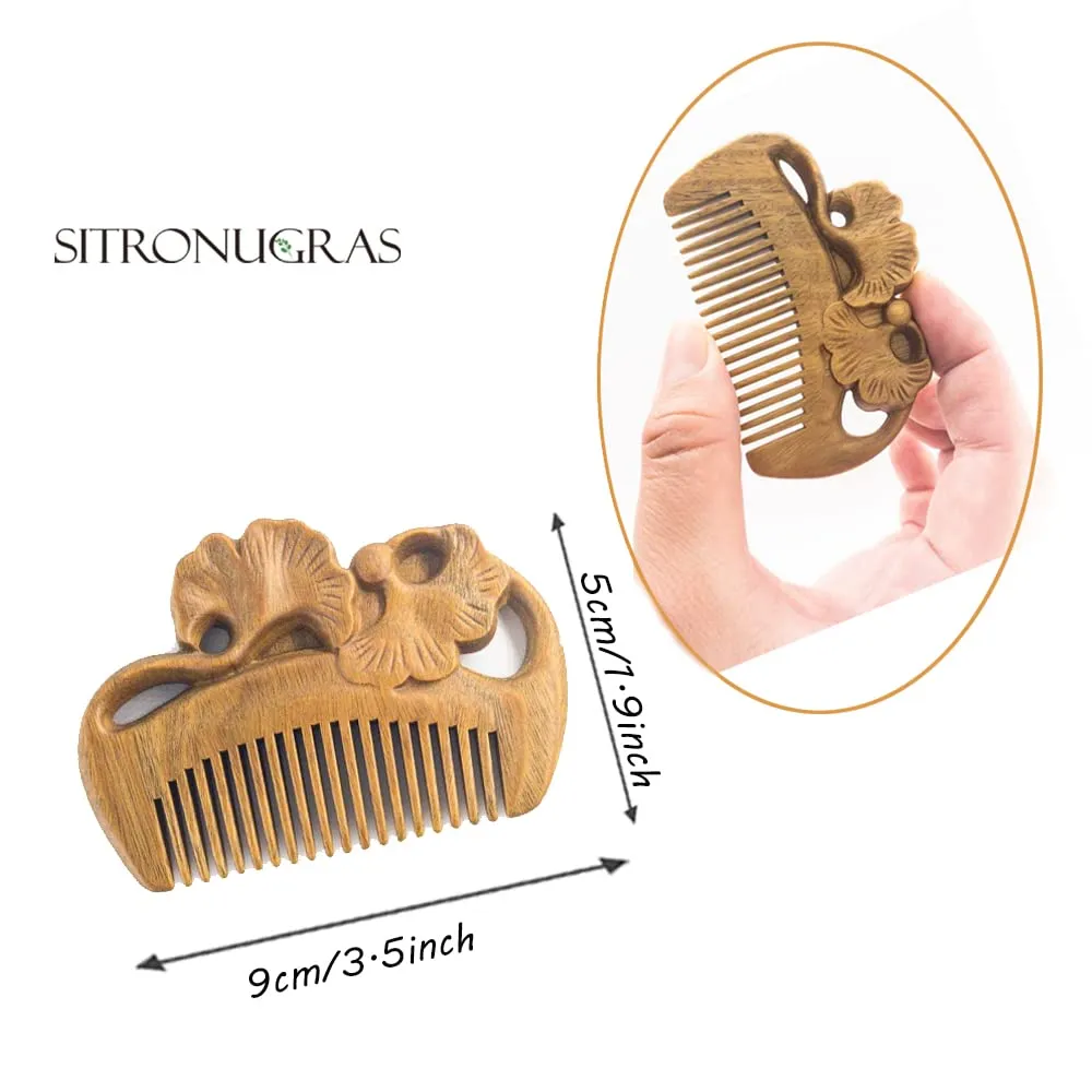 Pocket Size Natural Sandalwood Hair Comb,Carved Green Sandalwood Hair Comb，Anti-Static Detangling Fine Tooth Wooden Comb for Women Kids 2pcs with free pouch