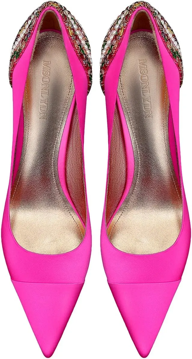Pointed Toe High Heels Pump - 3.74Inch Silk Stiletto Heels with Zircon Inlaid Dress Office Work Church Wedding Evening Shoes for Womens