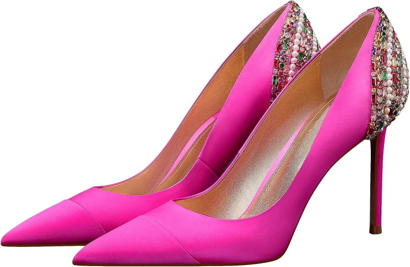 Pointed Toe High Heels Pump - 3.74Inch Silk Stiletto Heels with Zircon Inlaid Dress Office Work Church Wedding Evening Shoes for Womens