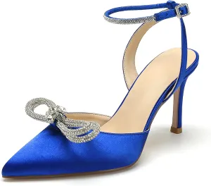 Pointed Toe Satin White Wedding High Heels Rhinestone Ankle Strap Dress Shoes Pumps for Bride